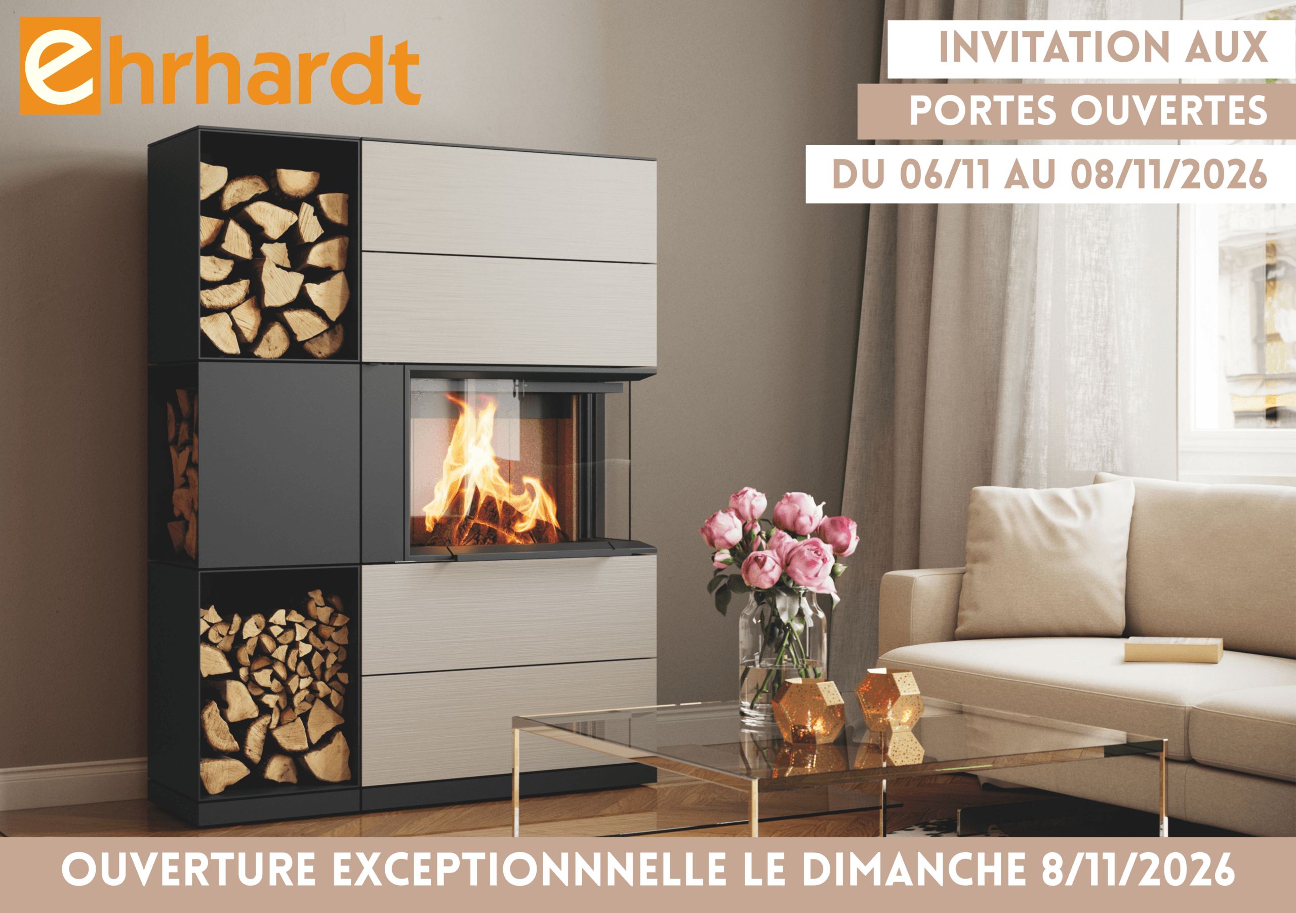 Invitation aux journées portes ouvertes chez Ehrhardt Cheminées Colmar le 6, 7 et 8 novembre 2026